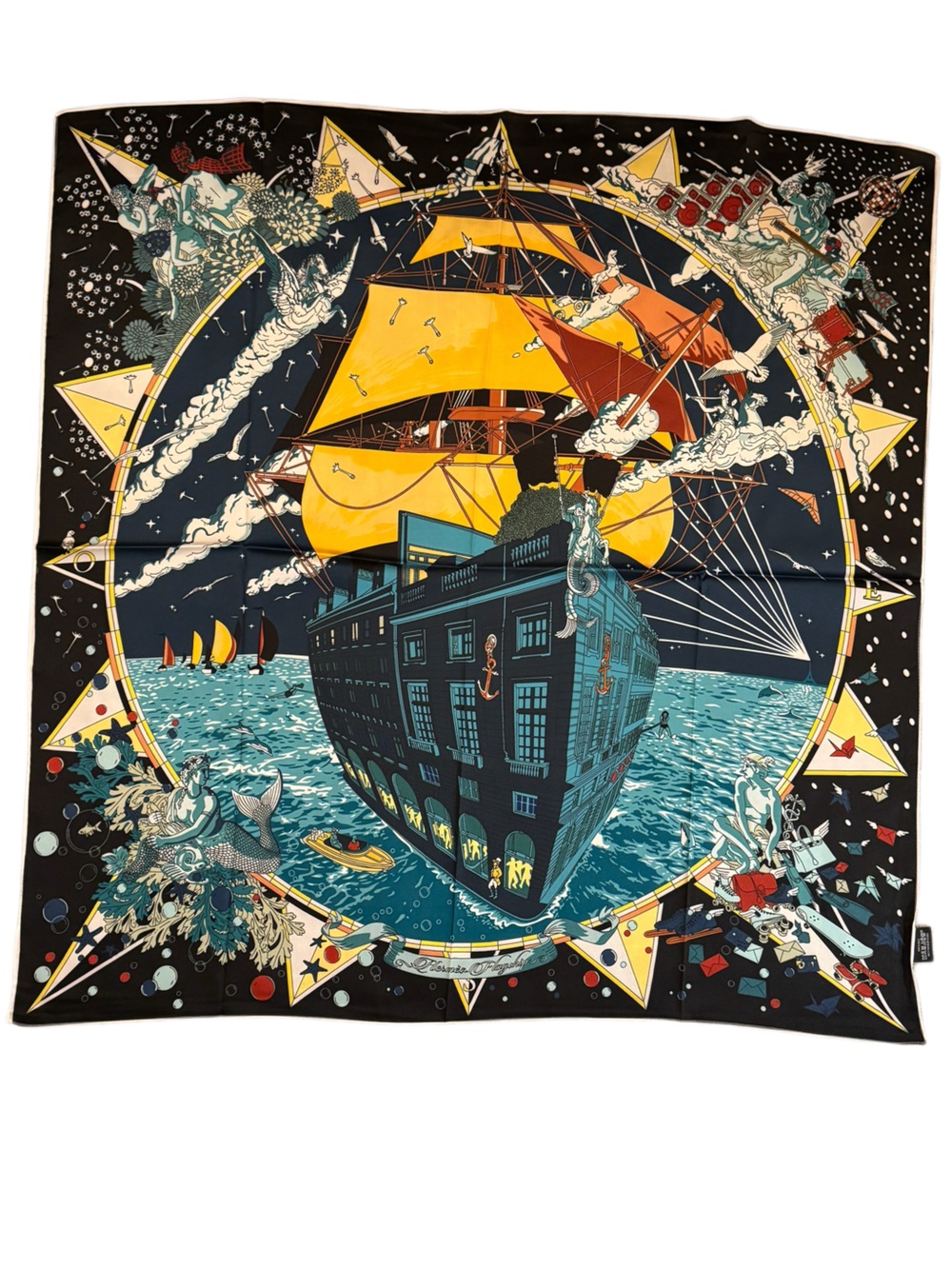 Designer-Style Nautical Illustrated 90cm Silk Scarf in Black